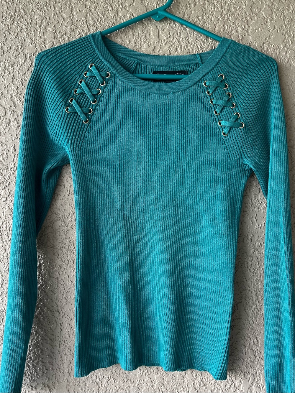 Ribbed Lace-Up Shoulder Long Sleeve Top - Teal